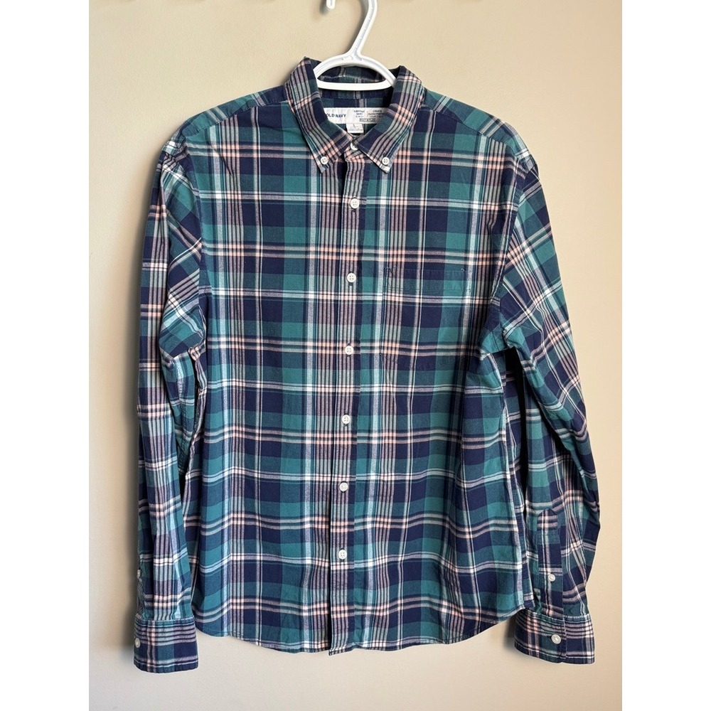 Old Navy Mens Turquoise Plaid Everyday Slim Fit Shirt Large Preppy Casual